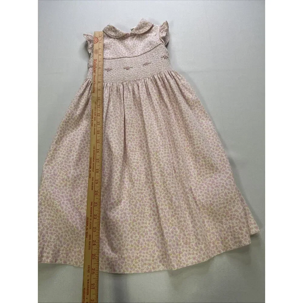 Vintage Laura Ashley Girls 5 Pink Floral Smocked Dress Peter Pan Collar Cotton